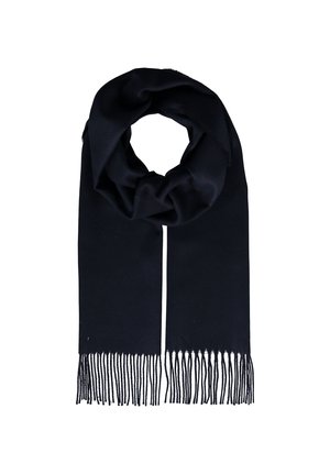Navy blue scarf made of soft fabric, featuring long fringes at both ends and a seamless loop design. Smooth texture, no visible patterns or accents.