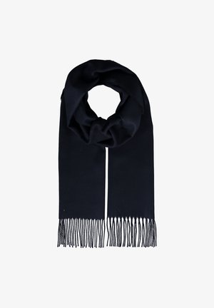 Écharpe bleu marine en tissu doux, avec de longues franges à chaque extrémité et un design en boucle sans couture. Texture lisse, sans motifs ni accents visibles.