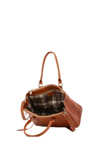 Borsa a mano in pelle marrone chiaro con chiusura a zip, doppi manici e rivestimento in tessuto a quadretti. Presenta tasche interne e un design spazioso.