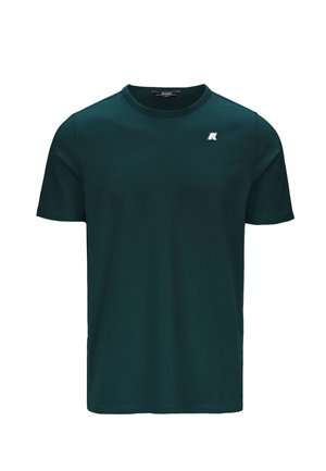 T-shirt verde scuro a maniche corte con scollo rotondo e piccolo logo bianco sul petto a sinistra.