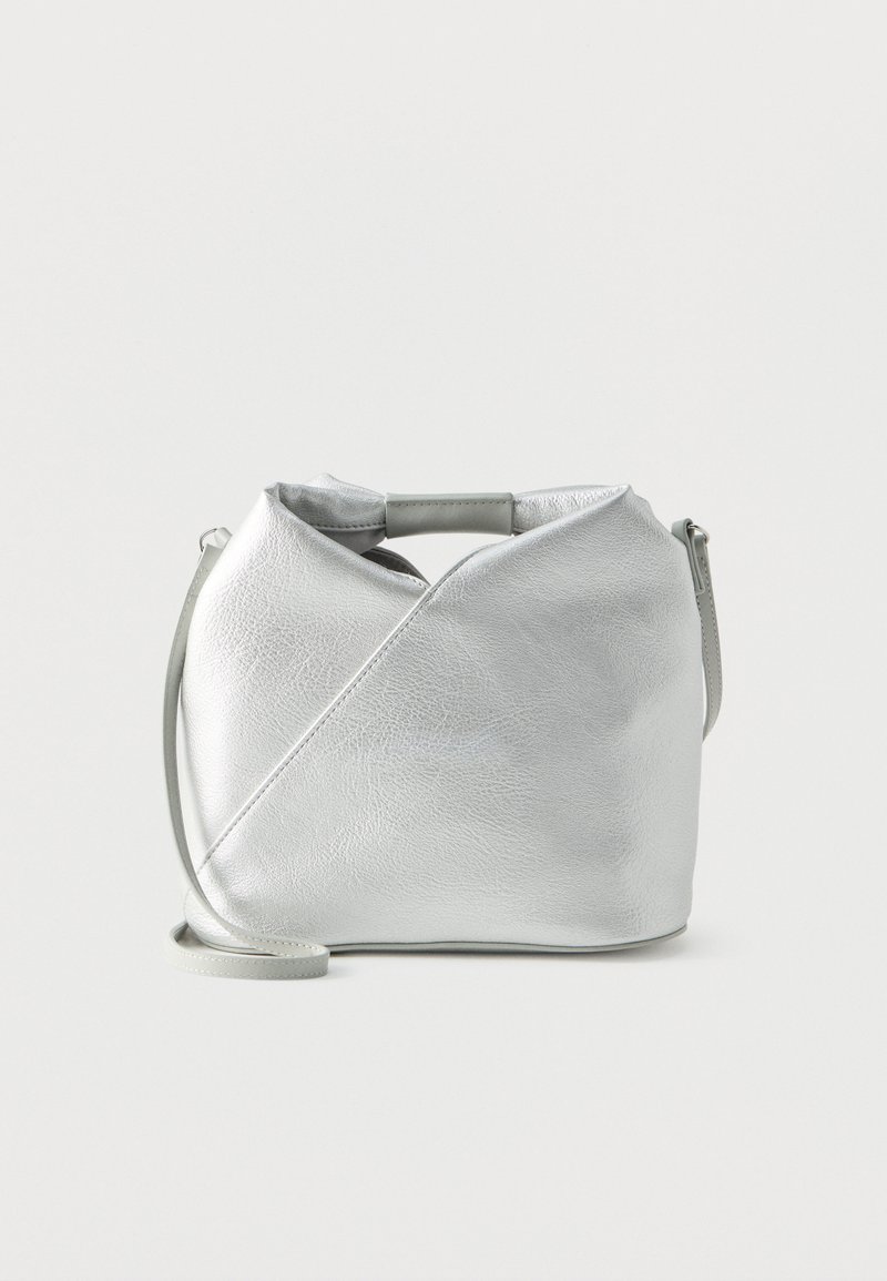 Silver metallic leather handbag with crook handle and long detachable shoulder strap on plain white background.