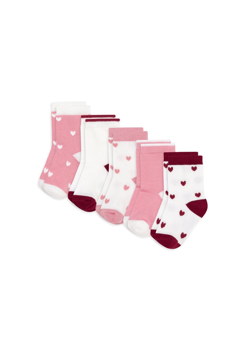 Set di sei paia di calzini in rosa, bianco e bordeaux. I motivi includono piccoli cuori e righe. Lunghezze e trame varie.