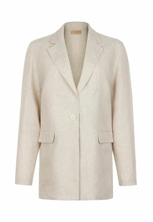 Beige enkeltknappet blazer med hakkede revers, lange ærmer og to frontlommer med klap, lavet af tekstureret stof.