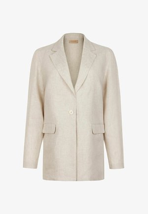 Blazer beige à un bouton avec revers crantés, manches longues et deux poches à rabat à l’avant, en tissu texturé.