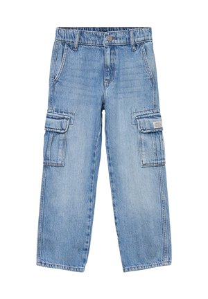 Jasnoniebieskie spodnie typu cargo z denimu z kieszeniami z klapami po bokach, skośnymi kieszeniami z przodu, szlufkami na pasek i zapięciem na guzik w pasie.