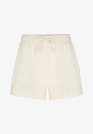 Witte gebreide korte broek met textuur, elastische tailleband en strikkoord, ontworpen voor casual draagcomfort.