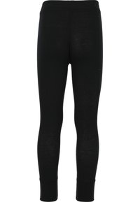 Leggings noirs en tissu extensible, avec une coupe ajustée, une taille élastique et des poignets ajustés aux chevilles.