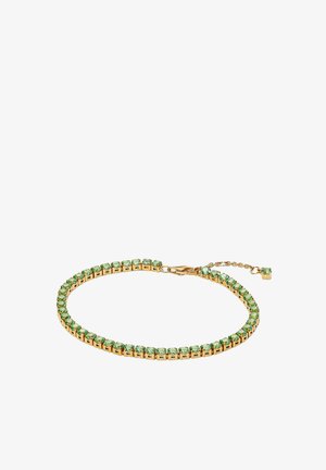 Goldfarbene Armbanduhr mit einer Reihe grüner Edelsteine, mit einem schlanken Design und einem zarten Verschluss, beinhaltet eine verstellbare Kette für die Größenanpassung.