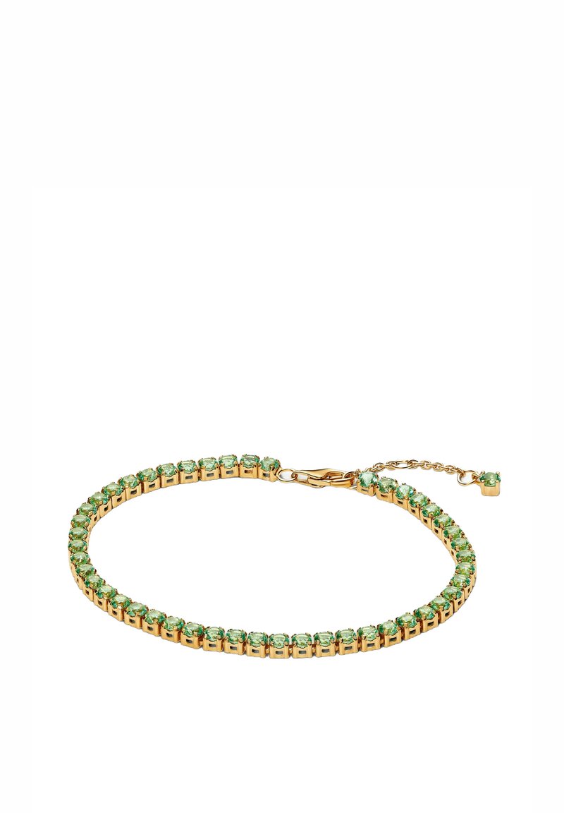 Goldfarbene Armbanduhr mit einer Reihe grüner Edelsteine, mit einem schlanken Design und einem zarten Verschluss, beinhaltet eine verstellbare Kette für die Größenanpassung.