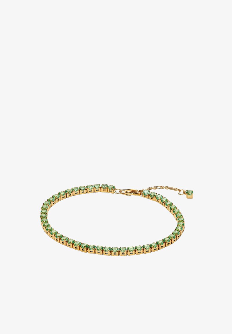 Gold-tone bracelet featuring a row of green gemstones, with a sleek design and a delicate clasp, includes an adjustable chain for size.