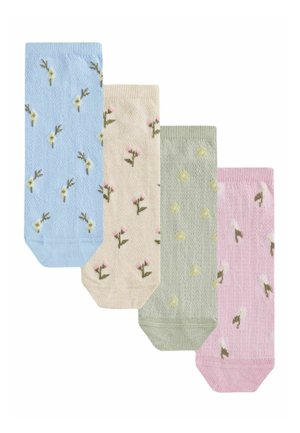 Quatre chaussettes aux couleurs pastel en bleu, beige, vert et rose, chacune ornée de petits motifs floraux dispersés sur le tissu.