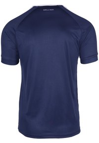 Navyblauwe shirt met korte mouwen van een gladde stof, met een ronde hals en witte accenten op de schouders en de rug, met een logo bij de hals.