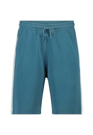 Turkooisblauwe shorts met trekkoord en elastische tailleband, witte verticale strepen aan de zijkanten, gemaakt van zacht materiaal.