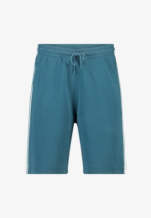 Blaugrüne Shorts mit Tunnelzug, elastischem Bund und weißen vertikalen Streifen an den Seiten, aus weichem Stoff gefertigt.