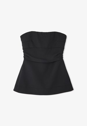 Černý top bez ramínek s přiléhavým korzetem a rozšířeným pasem. Hladká tkanina s jemným bočním nařasením; čistý lem bez viditelných zapínání.
