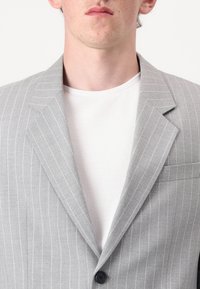 Gray pinstriped blazer with notched lapels, single button closure, and a chest pocket, worn over a plain white crew neck t-shirt.
