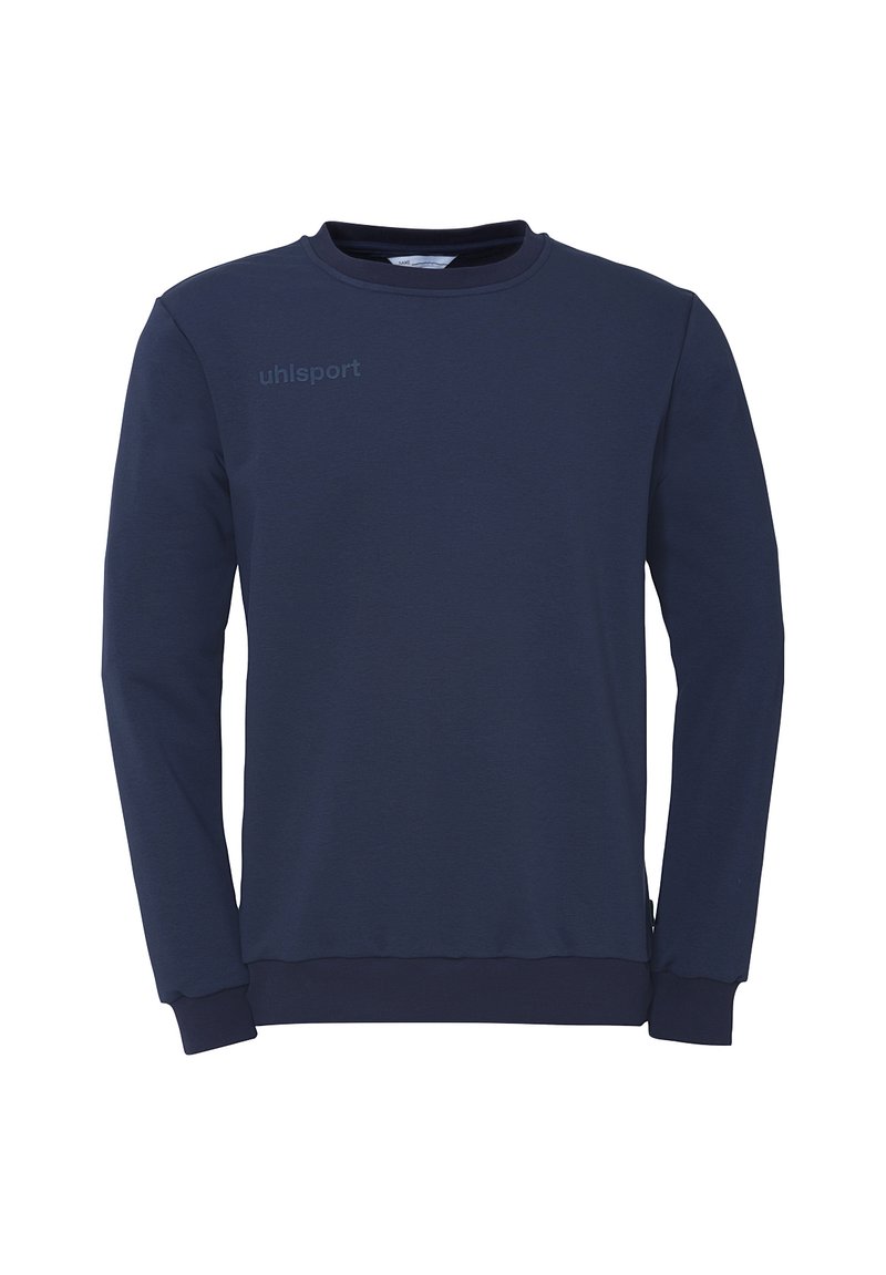 Navyblauwe crewneck sweatshirt van een katoenmix. Heeft lange mouwen, geribde boorden en een subtiel logo op de bovenste linkerkant.