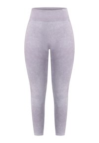 Leggings de lavanda clara con una textura suave, cinturilla alta y detalles acanalados a lo largo de la cintura y las áreas superiores de los muslos.