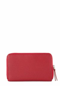 Red leather wallet with a textured surface, rectangular shape, zip closure, and a slim profile. Features a small zipper pull.