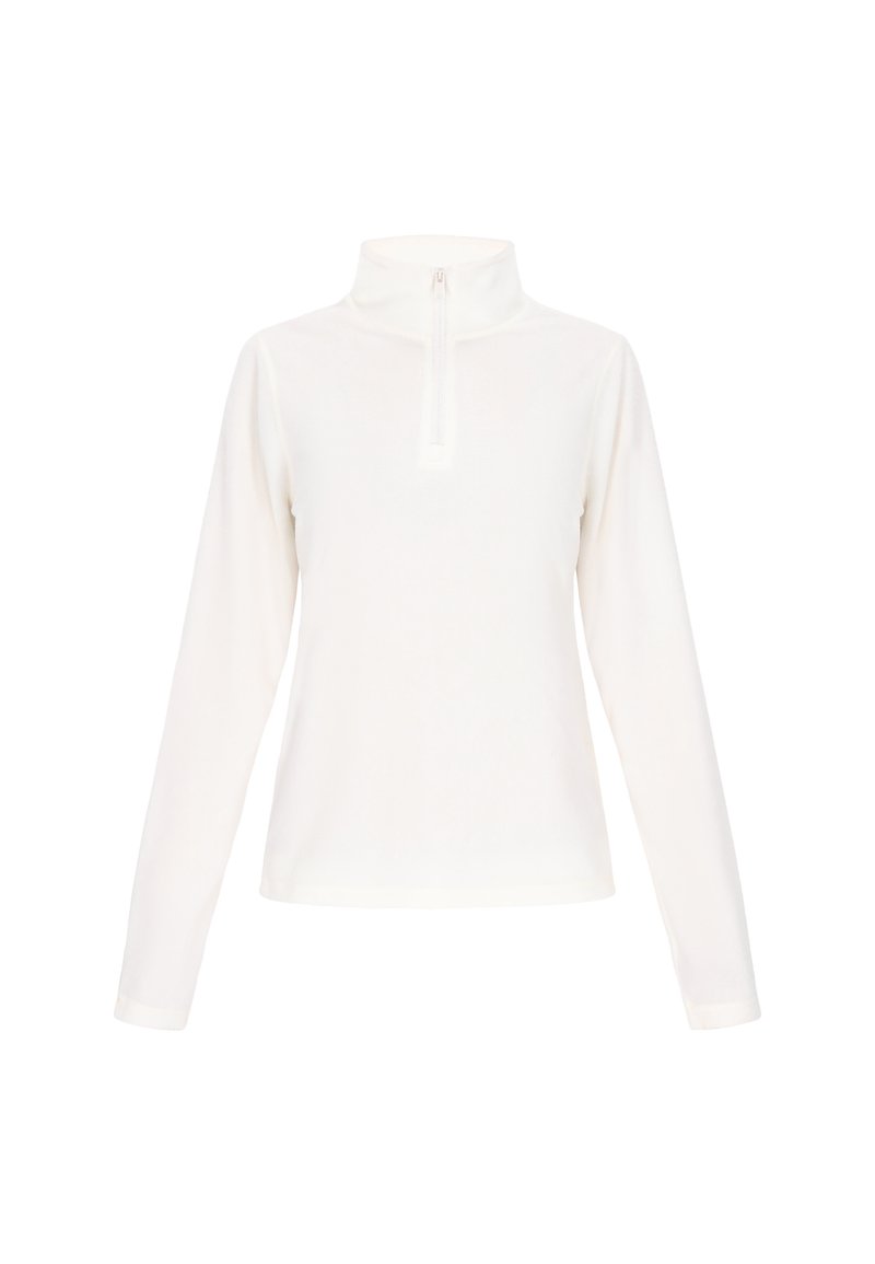 Hvid langærmet top med halv-zip krave. Lavet af blød stof, med en afslappet pasform og glat tekstur. Simpelt design uden mønstre.