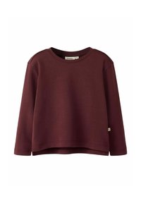 Bordeauxroter Sweatshirt mit langen Ärmeln und Rundhalsausschnitt, aus weichem Material gefertigt, mit lockerem Schnitt und abgerundetem Saum.