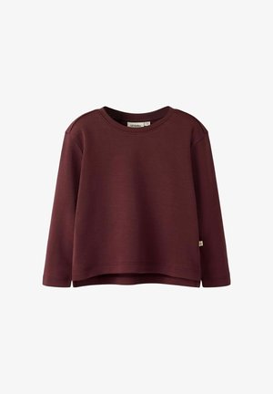 Bordeauxroter Sweatshirt mit langen Ärmeln und Rundhalsausschnitt, aus weichem Material gefertigt, mit lockerem Schnitt und abgerundetem Saum.