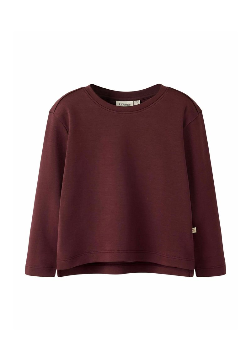 Bordeauxroter Sweatshirt mit langen Ärmeln und Rundhalsausschnitt, aus weichem Material gefertigt, mit lockerem Schnitt und abgerundetem Saum.