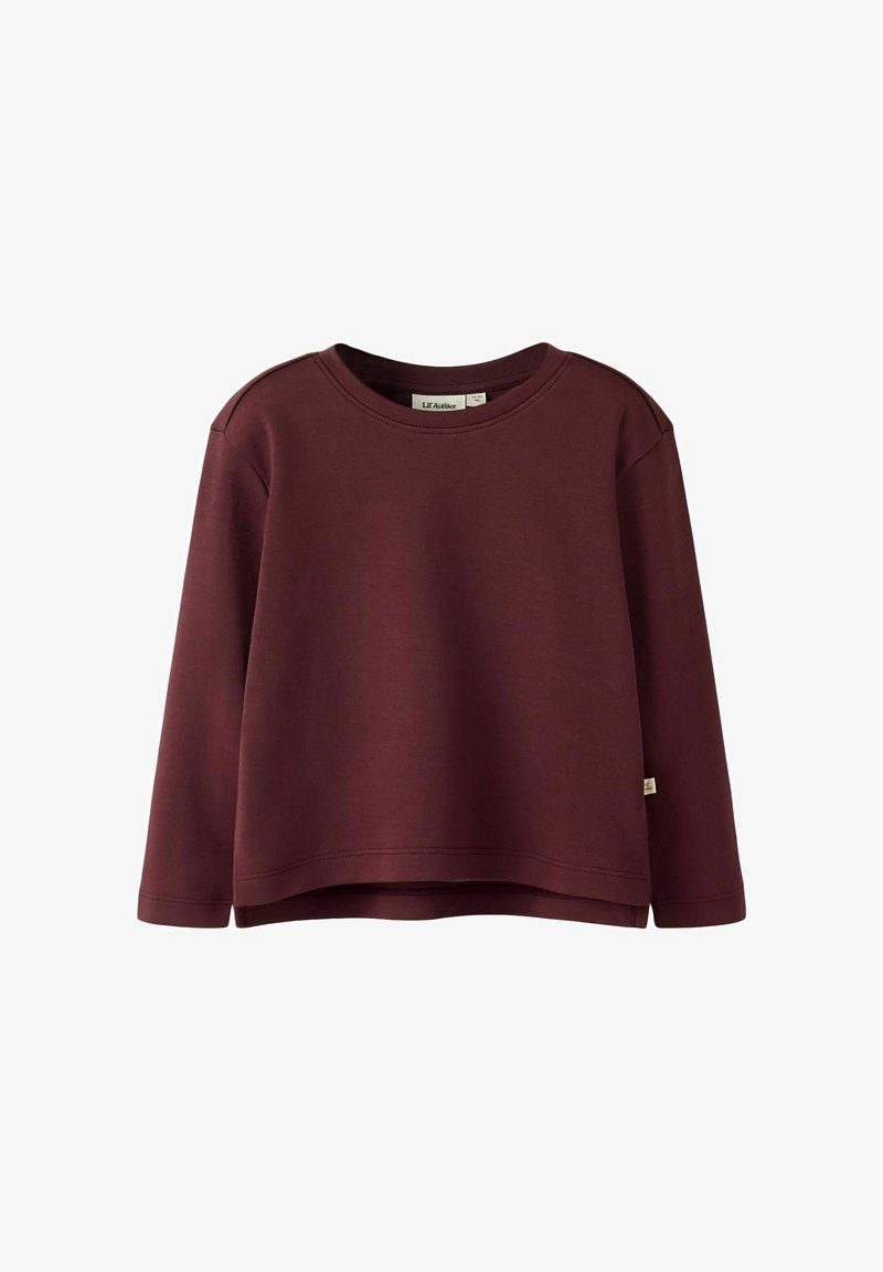 Bordeauxroter Sweatshirt mit langen Ärmeln und Rundhalsausschnitt, aus weichem Material gefertigt, mit lockerem Schnitt und abgerundetem Saum.