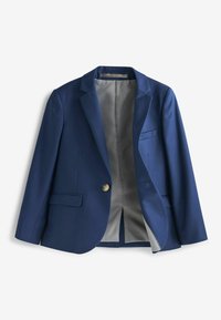 Navyblauwe blazer met een enkele knoop, notch revers en twee voorzakken. Binnenvoering van lichtgrijs stof met een subtiel stippenpatroon.