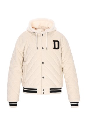 Prošívaná krémová bunda s černými žebrovanými manžetami a lemem, se kapucí a nášivkou písmene "D" na hrudi. Měkká texturovaná tkanina.