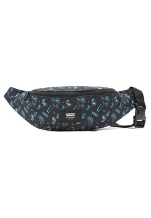Musta Vansin vyölaukku, jossa sinisiä paisley-kuvioita ja palmuja, vetoketjullinen etutasku ja säädettävä musta olkahihna muovisoljella.