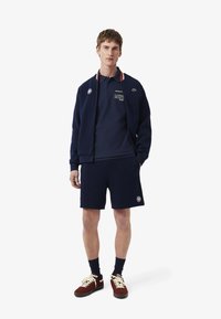 Mörkblå sweatshirt med röda och vita detaljer, tillsammans med en mörkblå polo och shorts. Bruna sneakers med vita skosnören och mörkblå strumpor.