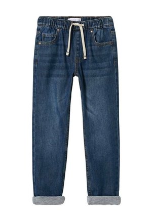 Donkerblauwe denim joggerbroek met elastische tailleband, witte trekkoord, voorzakken en omgeslagen boorden die een grijze voering aan de binnenkant laten zien.