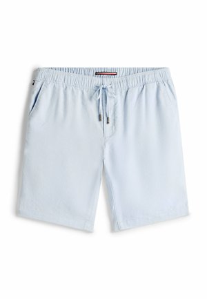 Light blue cotton shorts with an elastic waistband, drawstring, and two side pockets. Smooth texture and a relaxed fit design.