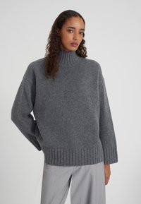 Pull à col roulé gris avec ourlet et poignets côtelés, fabriqué en matériau tricoté doux. Sa coupe décontractée et ses épaules tombantes créent une silhouette casual.
