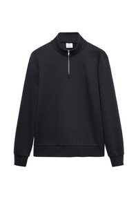 Zwarte pullover sweatshirt gemaakt van zachte stof met een hoge kraag en een halve rits sluiting. Heeft lange mouwen en een ontspannen pasvorm.
