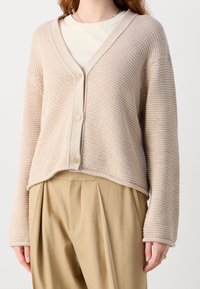 Cardigan di maglia beige chiaro con scollo a V, chiusura a bottoni e polsi a coste. Abbinato a pantaloni beige chiaro a vita alta con pieghe.
