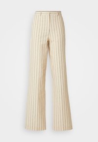 Cream wide-leg trousers with a vertical striped pattern. Made of textured fabric, featuring a high waist and a tailored fit.