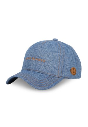 Casquette en denim bleu avec une visière courbée, des détails cousus, et un patch en cuir marron portant le texte "SERIE BLANCO." Sangle ajustable à l'arrière.