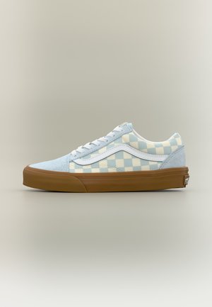 Low-top sneaker with light blue and cream checkerboard pattern, white side stripe, white laces, suede toe, and brown rubber sole.