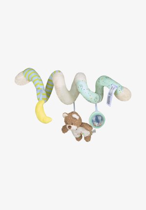 Soft spiral baby toy with striped and patterned fabric, a plush teddy bear, a yellow crescent moon, and a rattle with colorful beads.