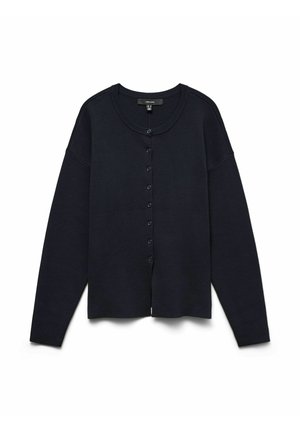 Mornarskoplavi kardigan od mekanog materijala, s okruglim izrezom, dugim rukavima i kopčanjem na dugmad naprijed.