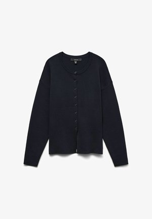 Mörkblå kofta i mjukt tyg, med rund halsringning, långa ärmar och knappstängning framtill.