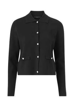 Schwarzer gestrickter Cardigan mit einem Kragen, langen Ärmeln und sechs dekorativen Knöpfen. Hat zwei vordere Taschen.