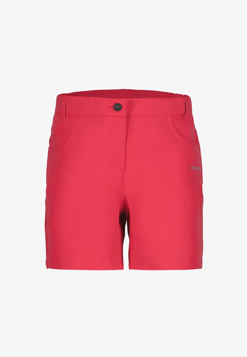 Shorts rouges en tissu lisse et léger. Dotés de poches avant et d'une fermeture à bouton. Design simple et coupe droite.