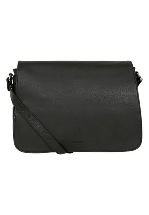 Sac bandoulière en cuir noir avec fermeture à rabat et bandoulière réglable, surface lisse texturée, forme rectangulaire.