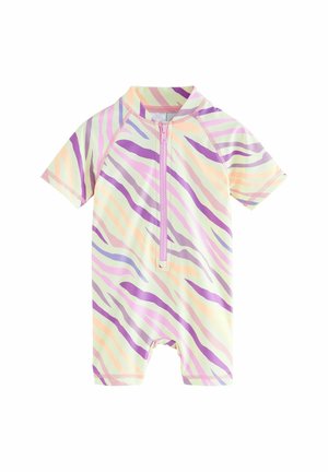 Maillot de bain à manches courtes en couleurs pastel avec un motif rayé zèbre. Présente une fermeture éclair à l'avant et un tissu doux et extensible pour le confort.