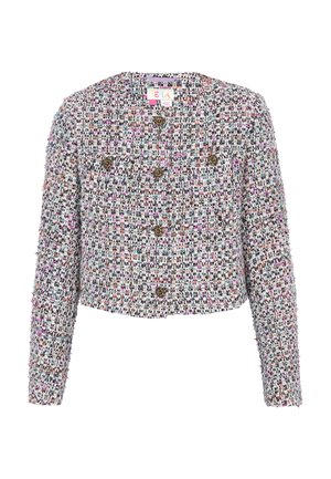 Multifarvet tweed croppet jakke med lange ærmer, rund halsudskæring, sex dekorative knapper foran og lommer.