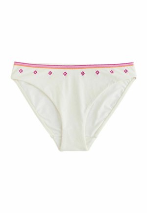 Białe majtki bikini z różowym i pomarańczowym przeszyciem oraz małymi różowymi diamentowymi detalami wzdłuż talii.