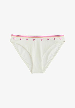 Slip de bikini blanc avec bordure cousue rose et orange et petits détails en diamant rose le long de la ceinture.
